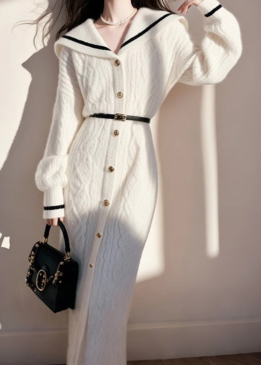 Knit French White Fall Collar Sailor Sweater Button Dress