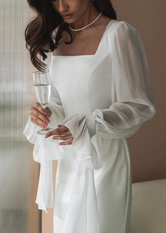 Robe patchwork en tulle et coton blanc à col carré, collection automne QL022