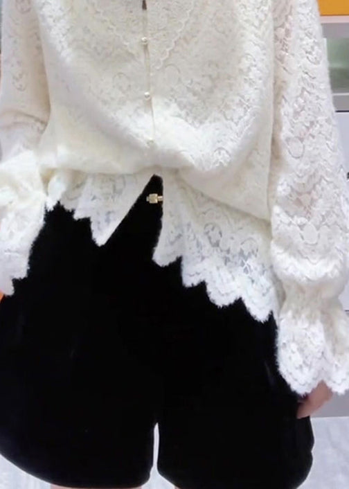 French White V Neck Patchwork Lace Top Spring TN026