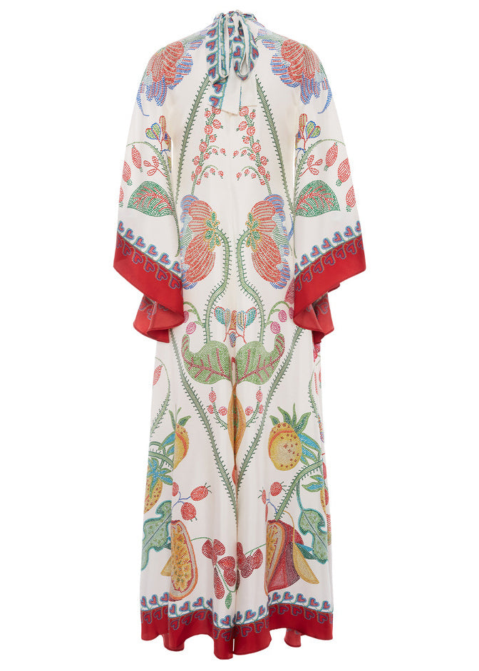 Robe longue en coton français à col montant et imprimé printanier en dentelle blanche
