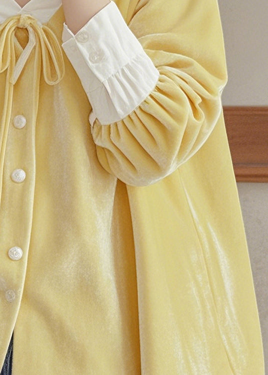 Haut jaune français en velours de soie à lacets et col en V, automne WP025