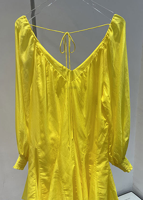 Robe mi-longue sexy en coton jaune à col en V, automne RU017