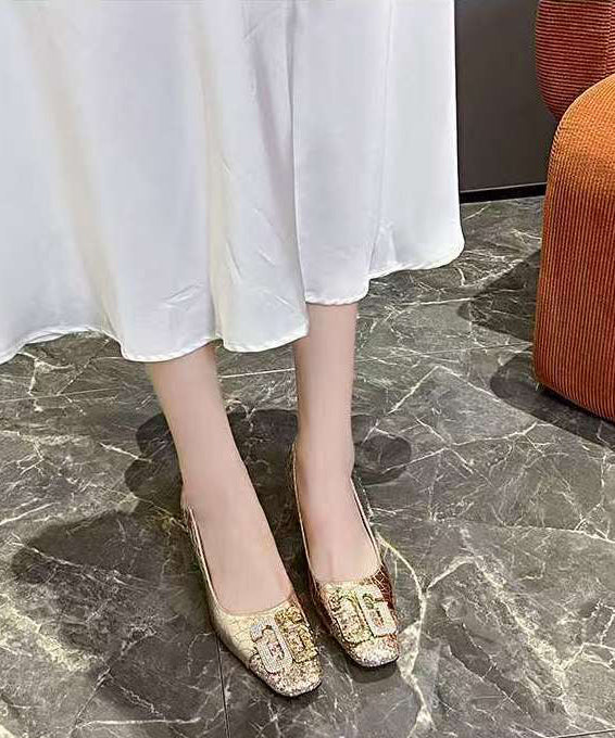 Chic Chunky Zirkon Splicing Toe Heels Square High Gold