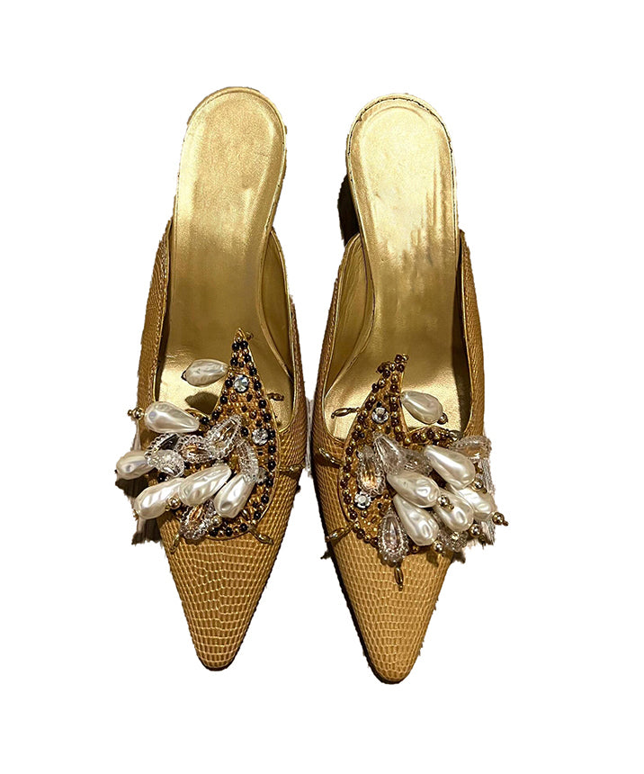 Bead French 2025 New Slide Pointed Sandals Decorated Toe Golden