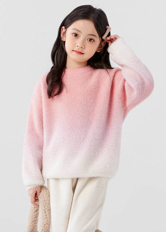 Pull en tricot de velours vison rose à col rond et dégradé de couleurs pour fille, printemps TP048