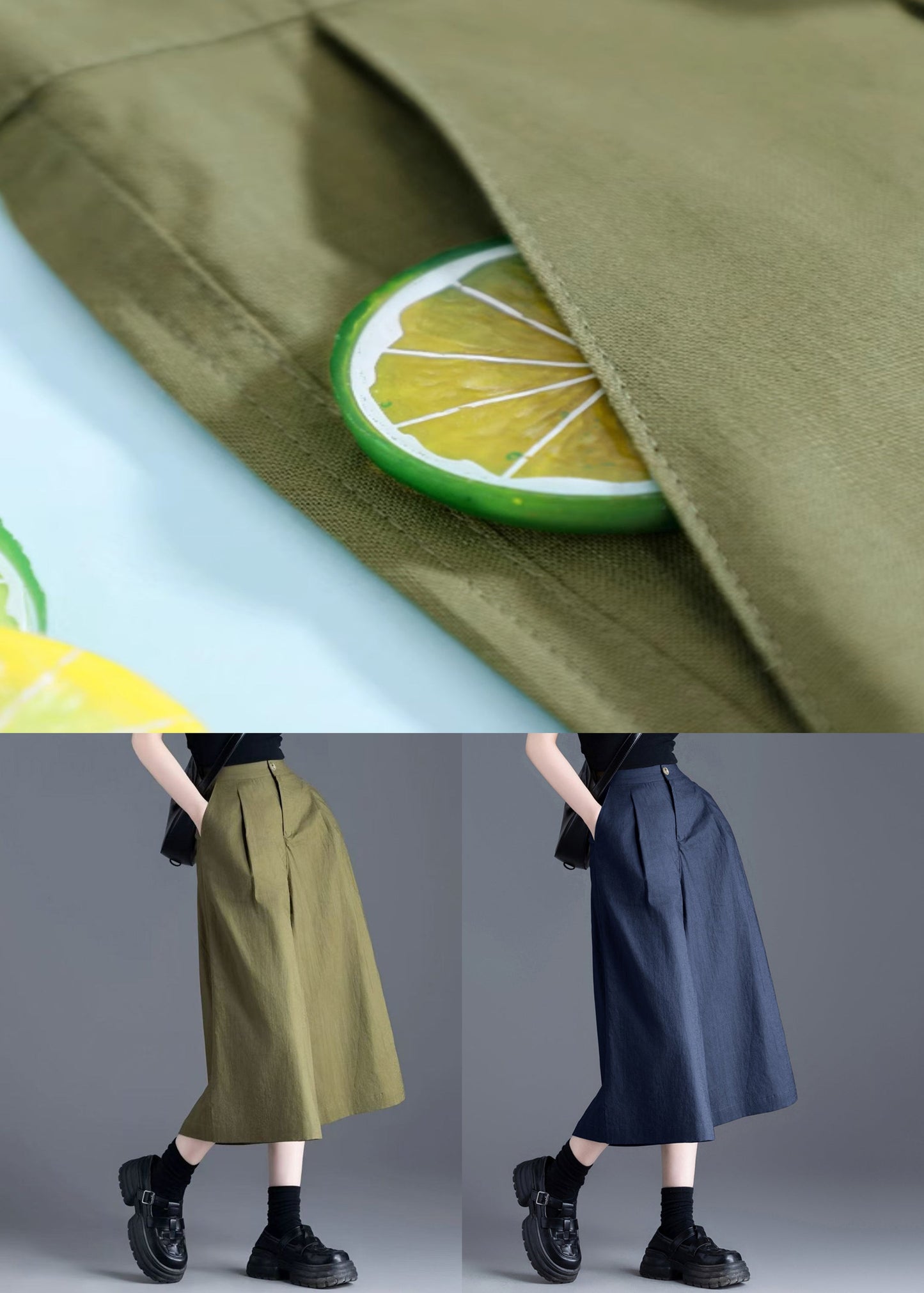 Wide Leg Pants Linen Waist Solid Green High Button