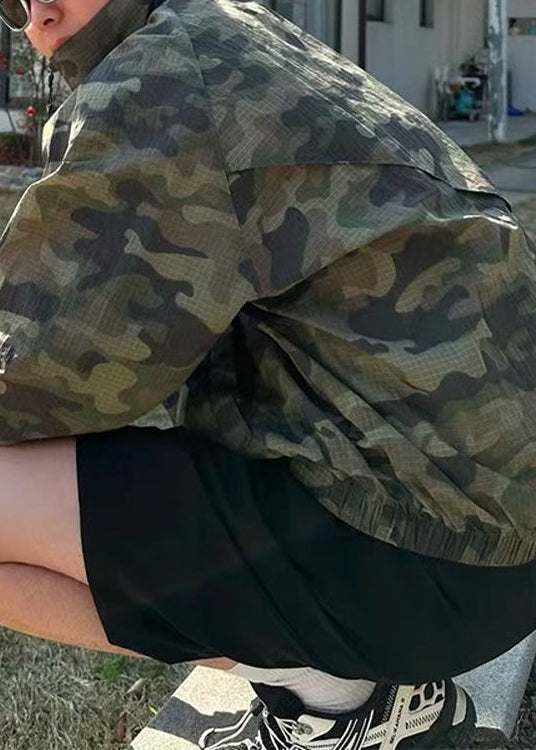 Manteau d'été en soie pour homme, col montant zippé, camouflage vert