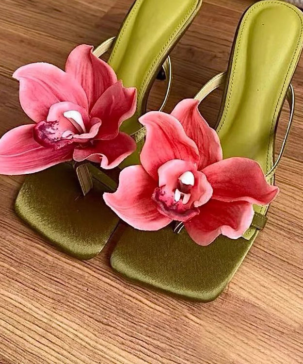 Handgemachte Sandalen Floral Slide Heels Splicing Grün Hohe