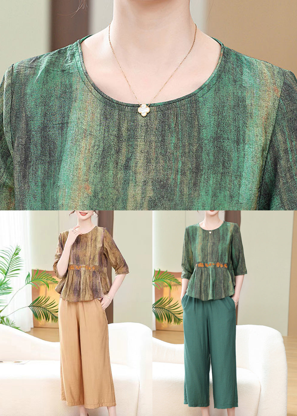 Ensemble deux pièces en coton à imprimé vert avec poches et col rond et manches mi-longues RE031