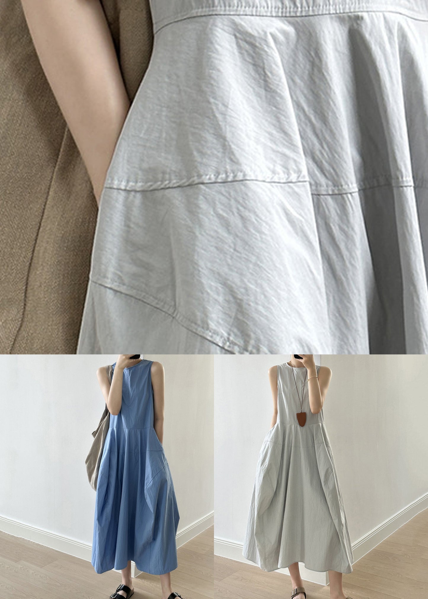 Grünes, solides Patchwork-Baumwoll-Langkleid mit Reißverschluss für den Herbst QE010
