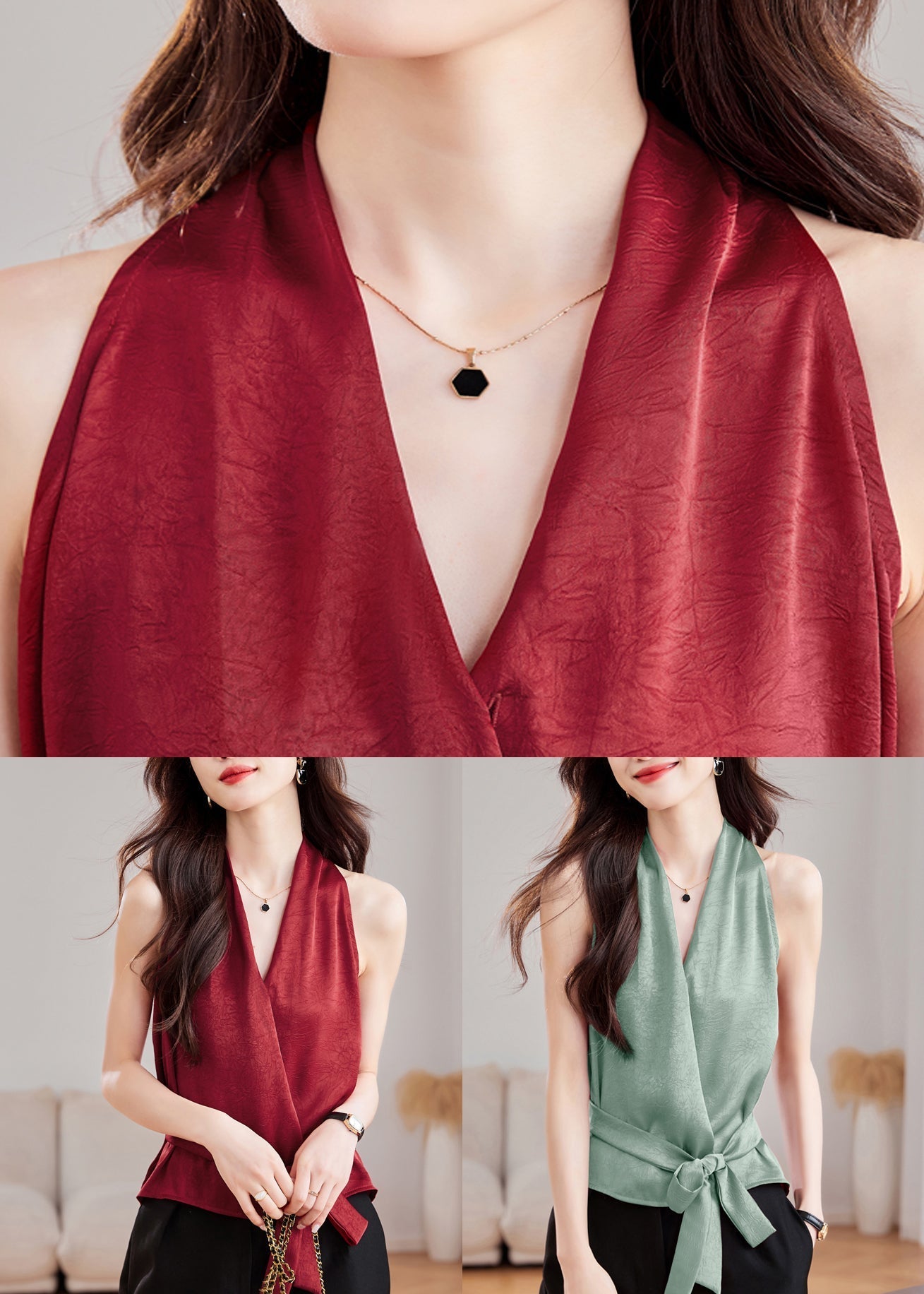Waist Neck V Summer Tie Solid Green Tank Silk