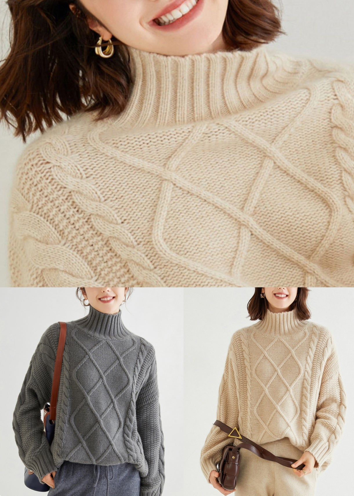 Grauer gemütlicher Kaschmirpullover mit Zopfmuster und Rollkragen, Frühling YW045