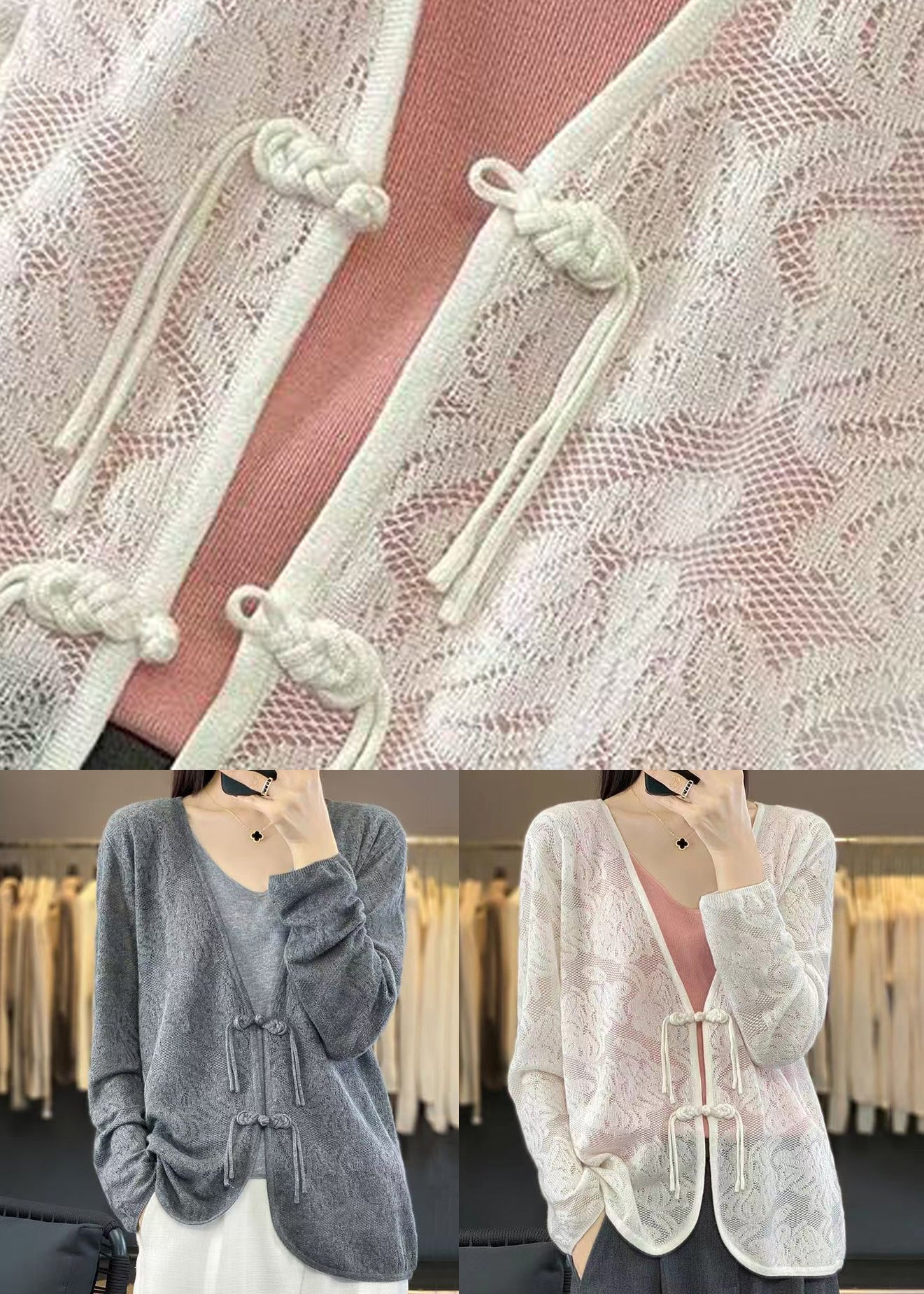 Cardigan en tricot gris uni confortable à col en V et manches longues AB1048