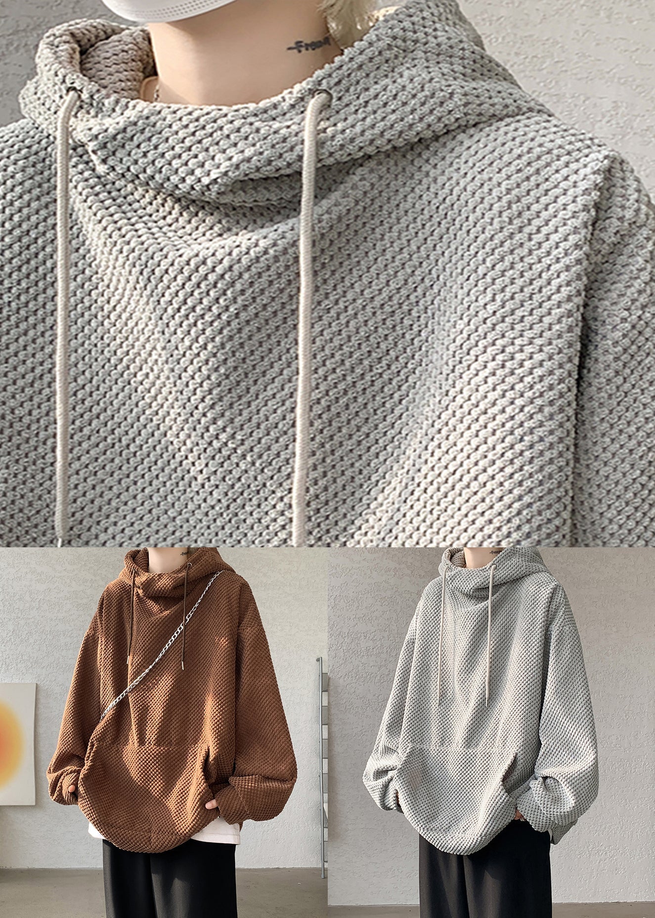 Graues, einfarbiges, lockeres Cord-Sweatshirt für Herren mit Kapuze, Herbst, RP058