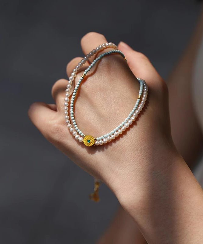 Handgemachte Colorblock-Legierung Türkis Doppelschicht Perlenkette mit abgestuften Perlen EY015