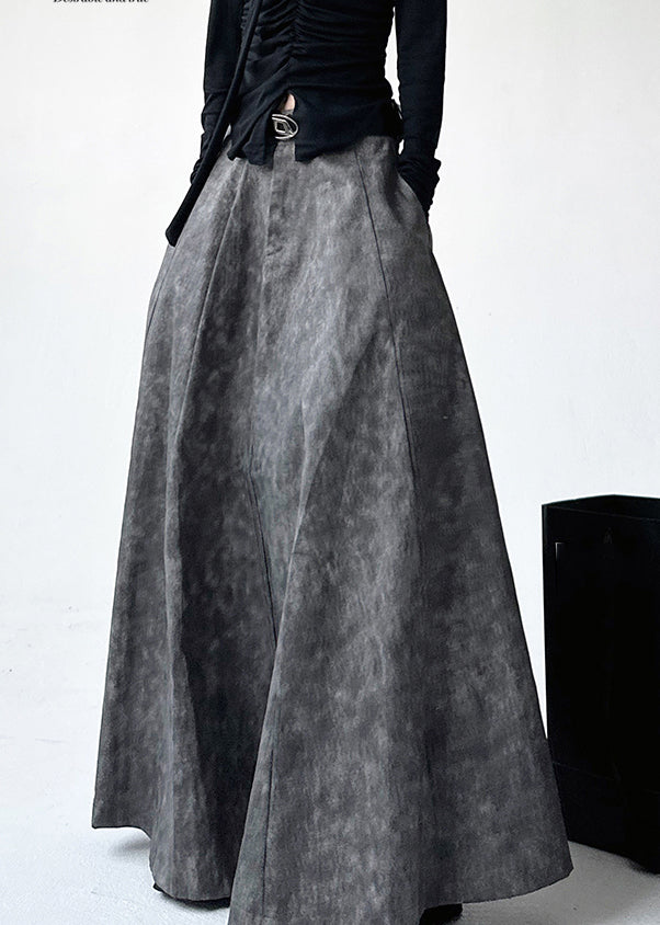 Handgemachter A-Linien-Rock mit hoher Taille und grauem Aufdruck, Frühling TA038