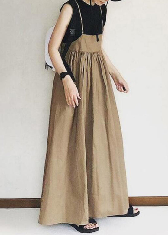 Handmade Khaki Wrinkled Dress Strap Long Patchwork Spaghetti