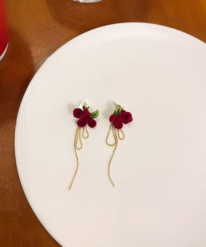 Boucles d'oreilles pendantes en velours de soie et alliage de mûrier, faites à la main, avec pompon en forme de fleur de gardénia, WH035