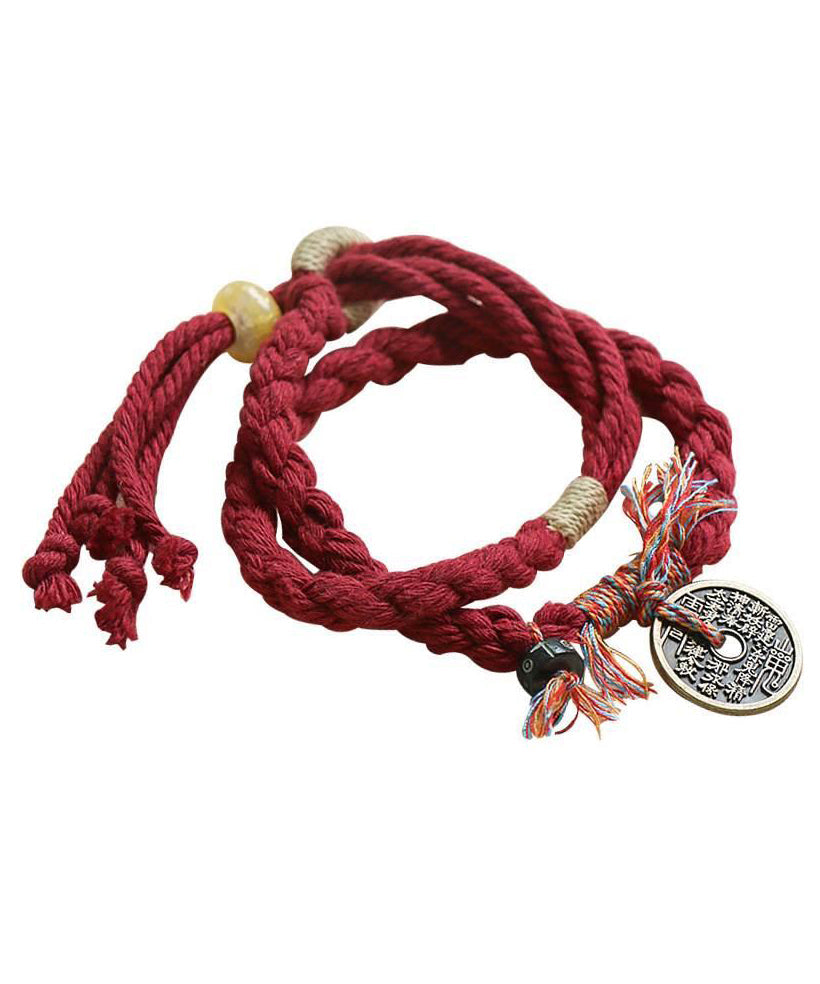 Bracelet à breloques pompon en fil de cuivre tissé à la main rouge YD008