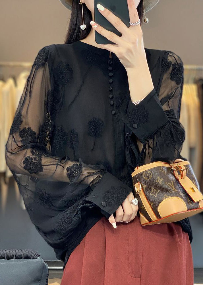 Chemise en mousseline de soie à manches longues avec boutons brodés noirs italiens GH1065