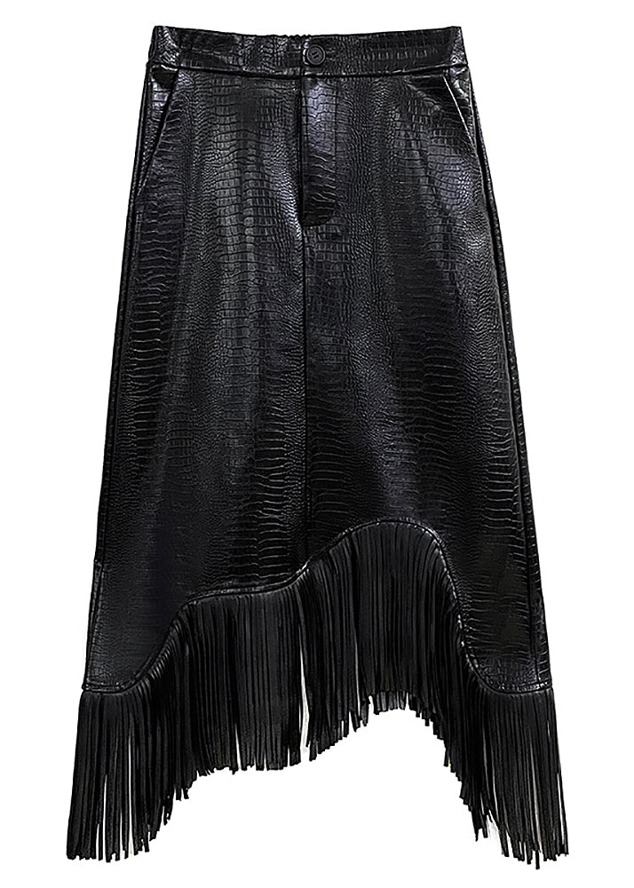 Italienische Schwarze Quasten Patchwork Kunstleder Röcke Winter RS053