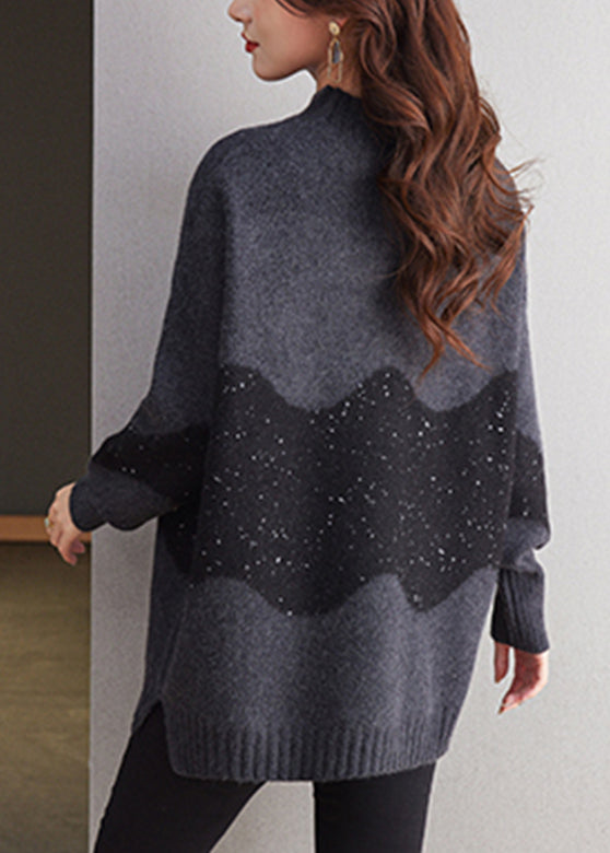Italienischer schwarzer Rollkragenpullover Patchwork dicke Wolle Strickpullover Winter TE034