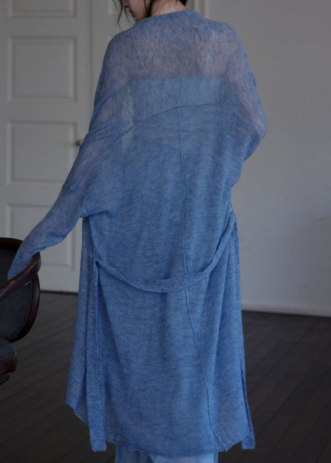 Cardigans asymétriques en laine bleu italien avec ceinture nouée Automne WE009