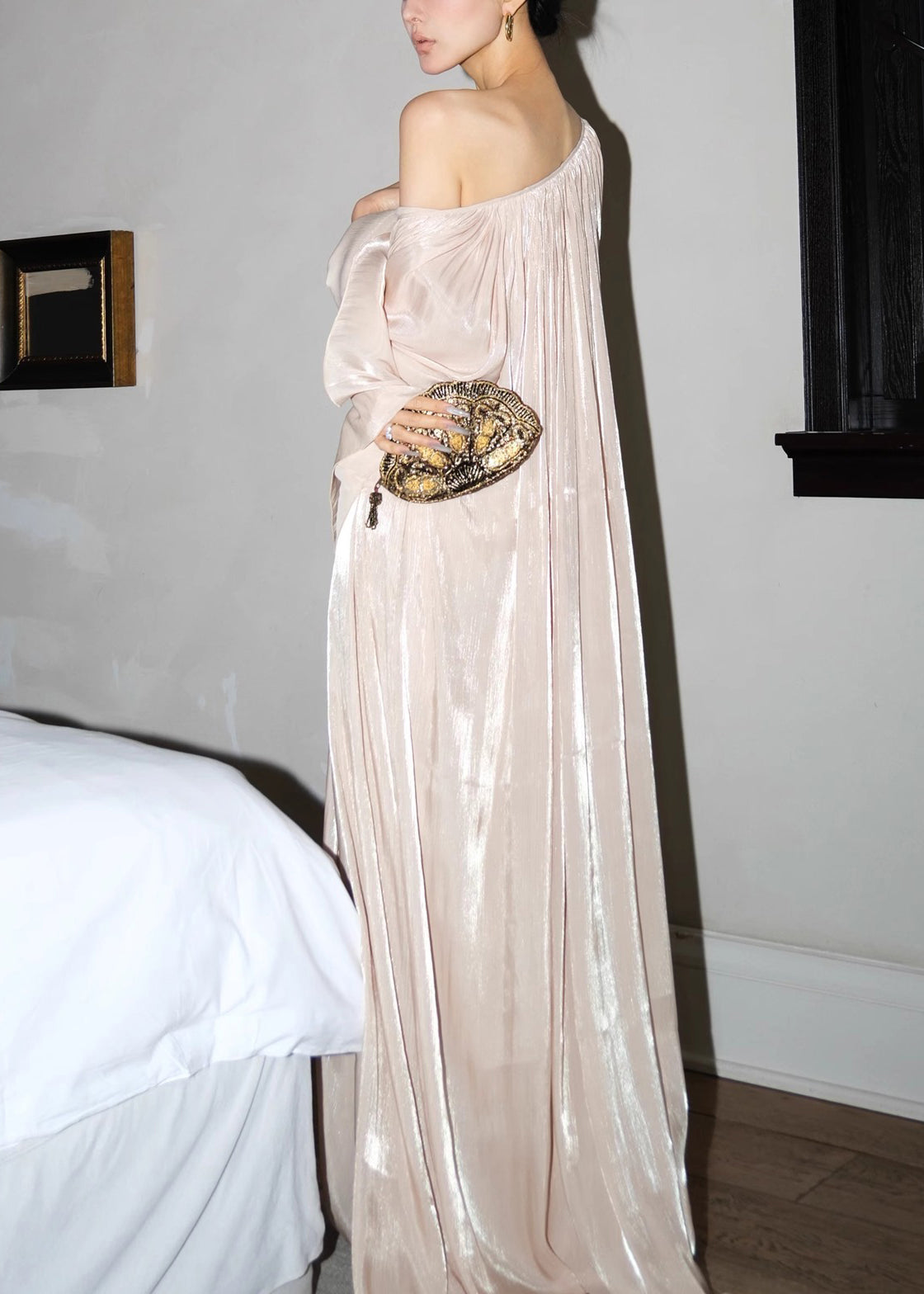 Italian Dresses Flour Glutinous V Wrinkled Silk Rice Maxi Neck