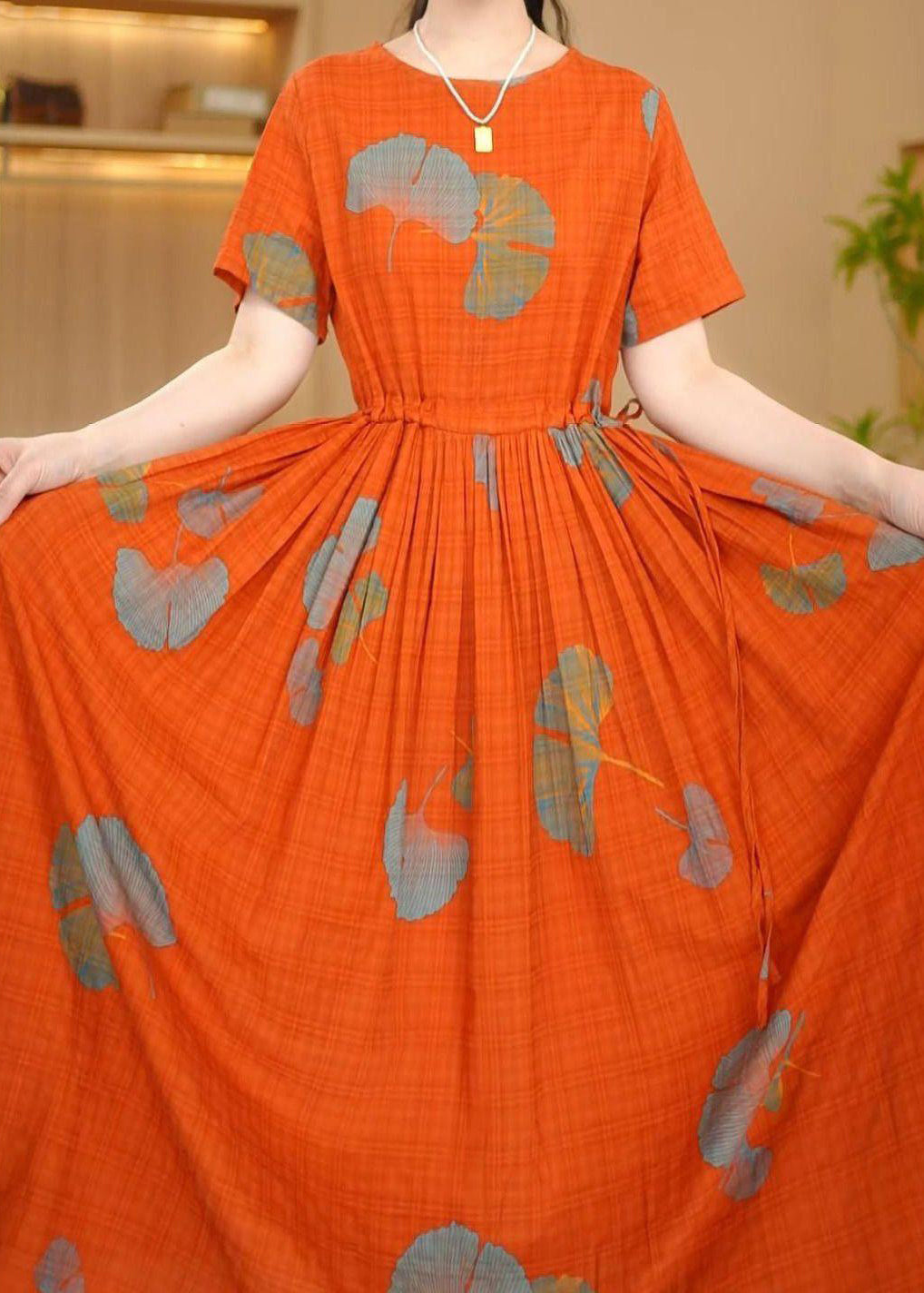 Kleider Maxi Sommer Italienisch Cinched Orange Baumwolle Print