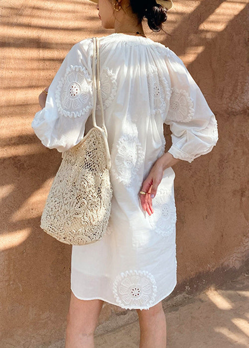 Embroidery Half White Cotton Hollow V Neck Dress Mid Out Italian