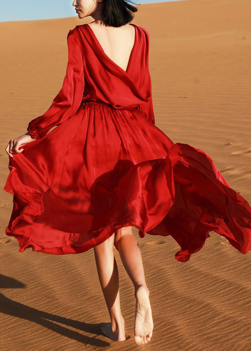 Robe haute italienne d'automne en coton rouge à col en V