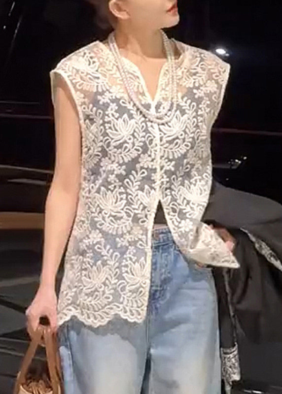 Hauts ajourés en dentelle, col en V, sans manches, abricot, jacquard