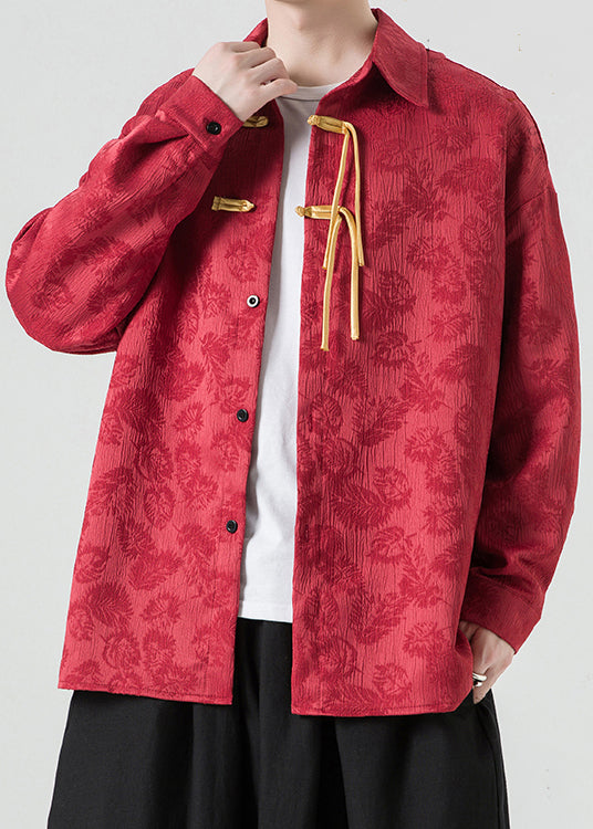Chemise polaire chaude à boutons et col Claudine en jacquard rouge pour homme, hiver WJ027