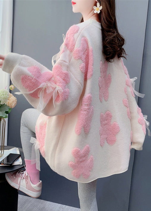 Pull en tricot jacquard blanc à col rond et nœud, confortable, printemps YW036
