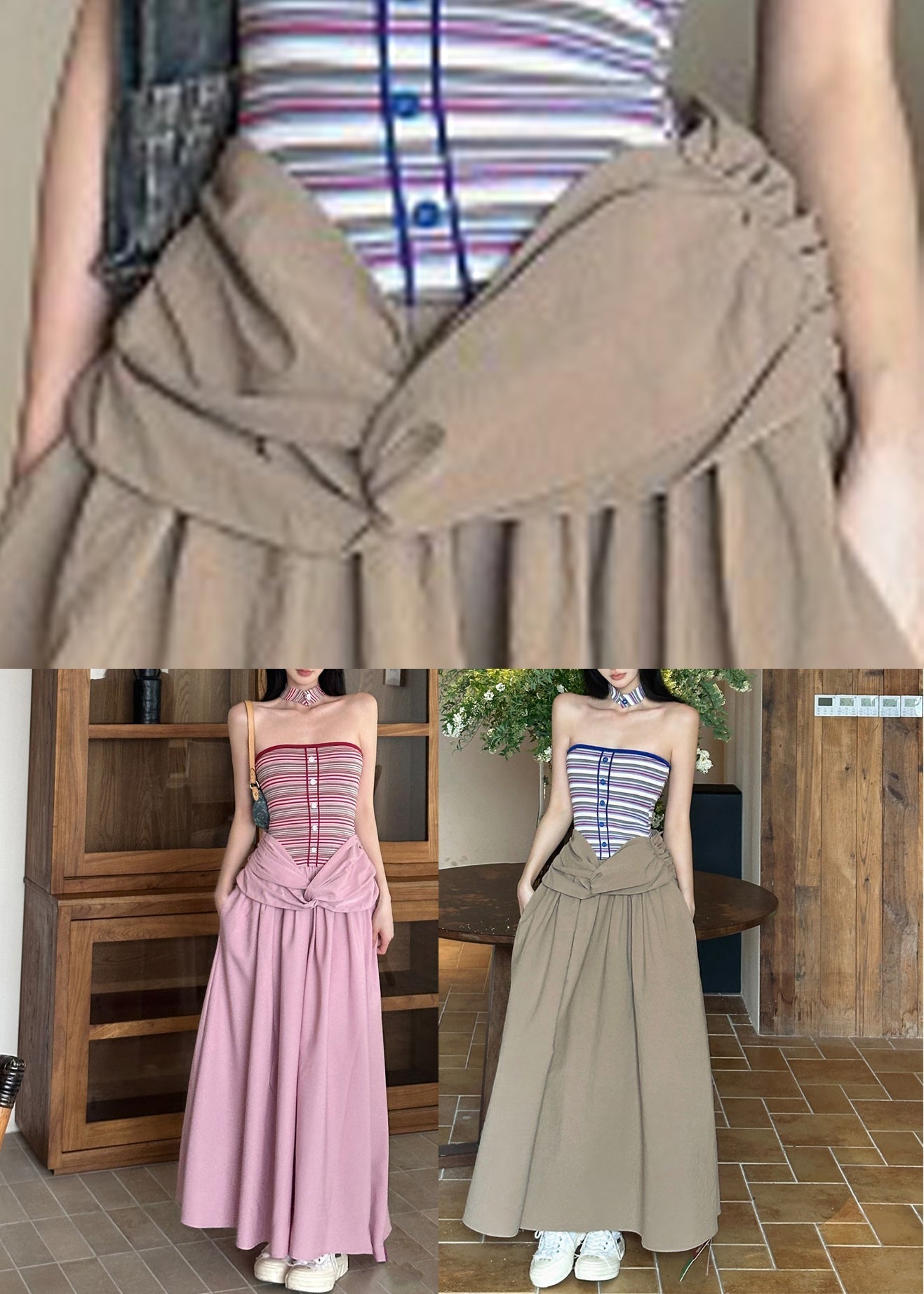 Cold Dresses Khaki Sleeveless Shoulder Maxi Wrinkled
