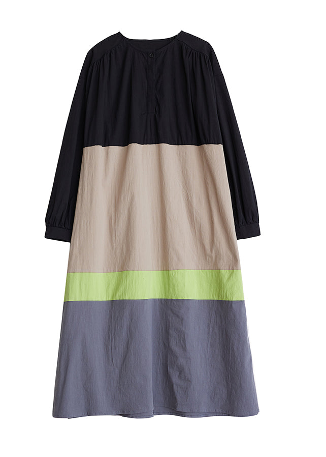 Robe longue ample en coton kaki à col rond et patchwork, collection automne QA045