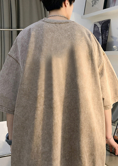 T-shirt kaki à manches mi-longues et col rond en coton pour homme, imprimé surdimensionné