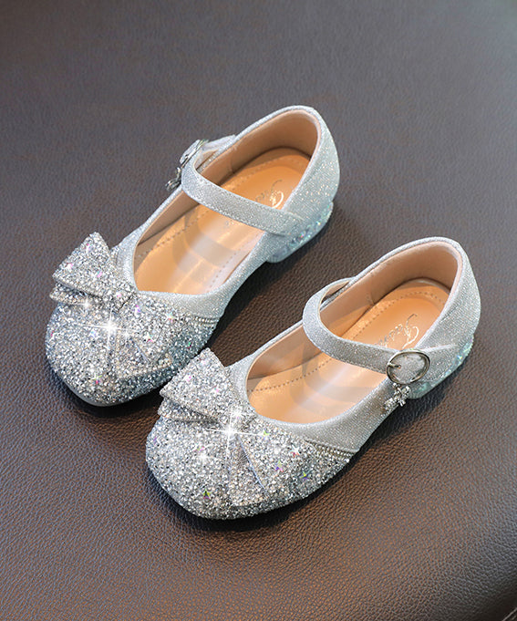 Riemen Schleife Schnalle Kunst Silber Kinder Leder Zirkon Mädchen Flache Schuhe