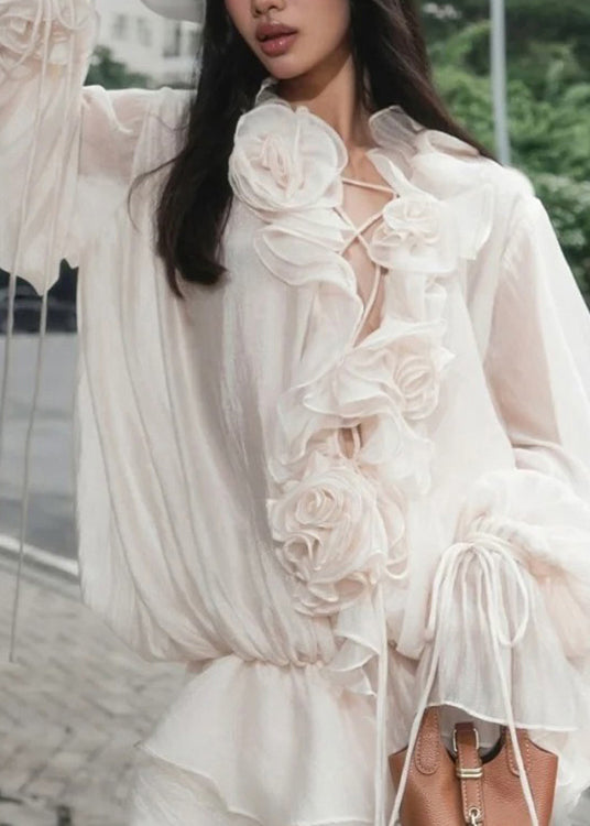 Korean Style Three-Dimensional Flower Ruffled Lantern Sleeve Dress YZ024
