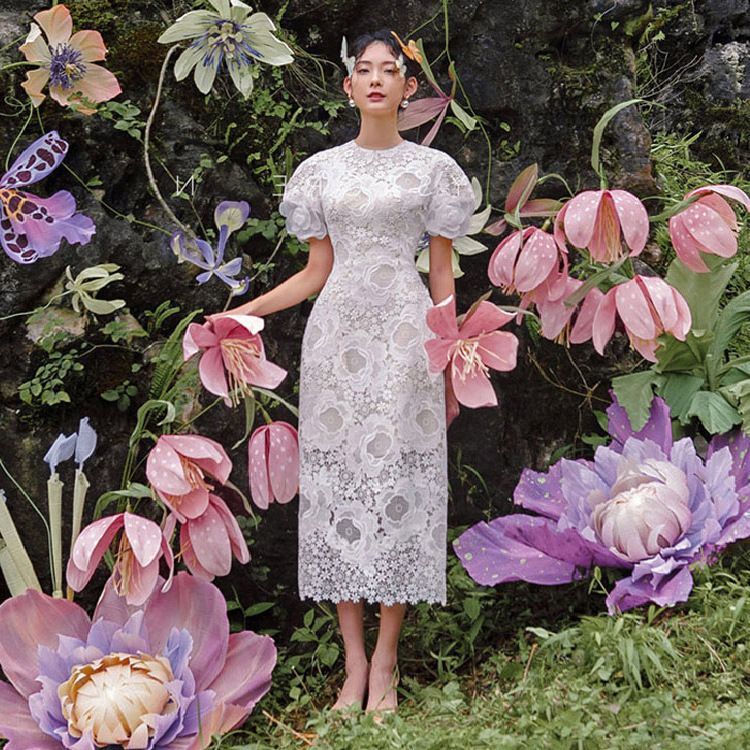 Short-Sleeve Lace Midi A-Line Party Dress