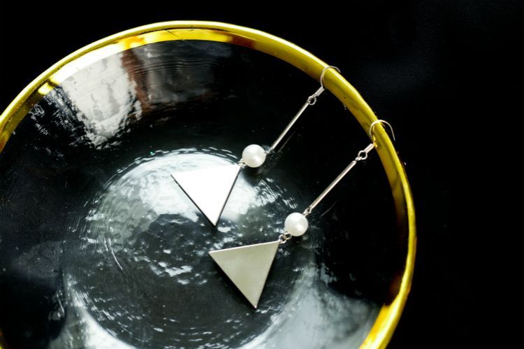 Silver Pearl Triangle Dangle Earring Faux Sterling