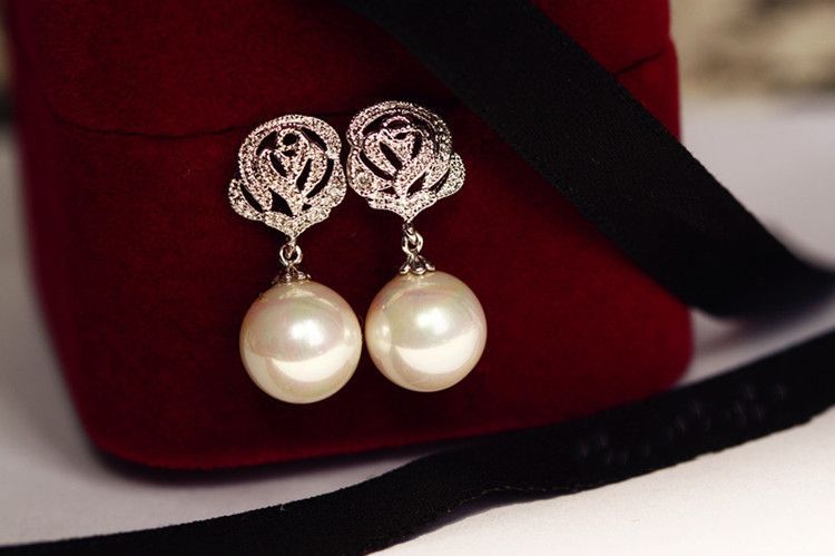 Earring Rose Dangle Rhinestone Pearl Faux