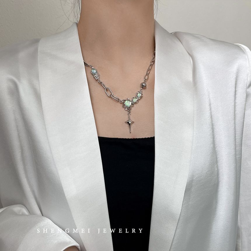 Star Pendant Rhinestone Stainless Steel Necklace Moonstone