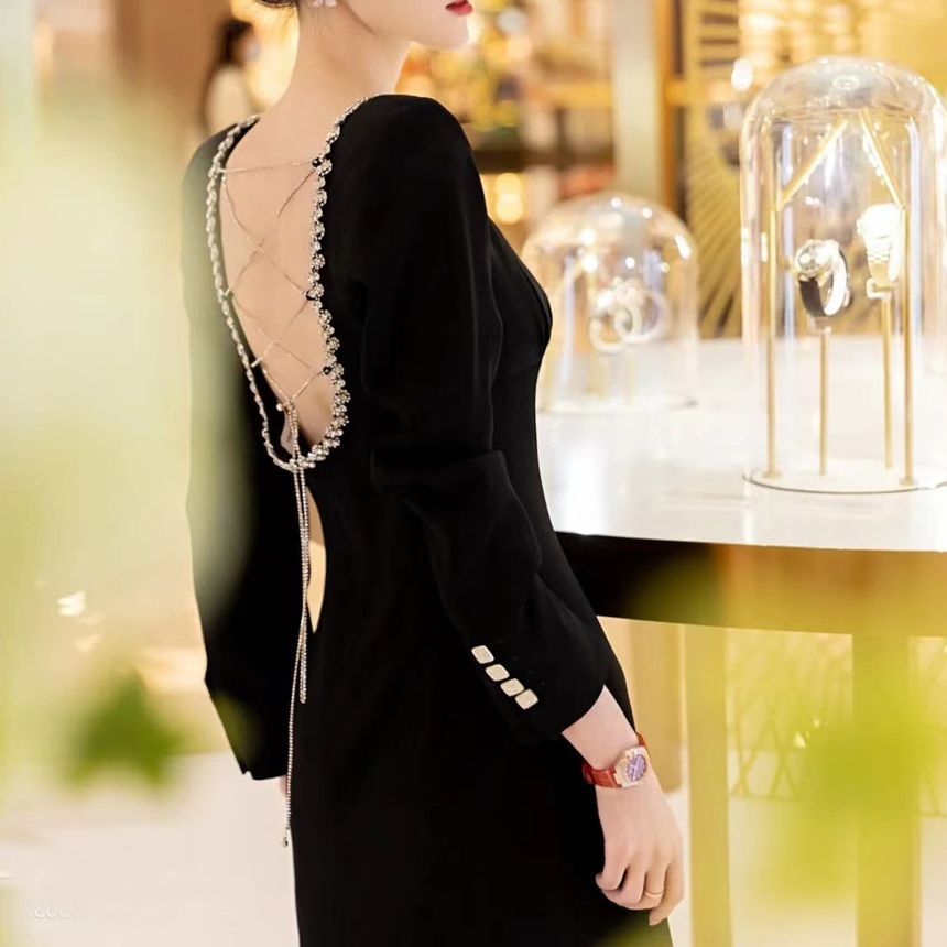 Long-Sleeve Sweetheart-Neckline Rhinestone Chained-Up Mini A-Line Dress