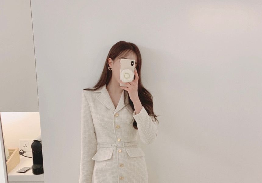 Long-Sleeve Plain Button-Up Midi Bodycon Dress