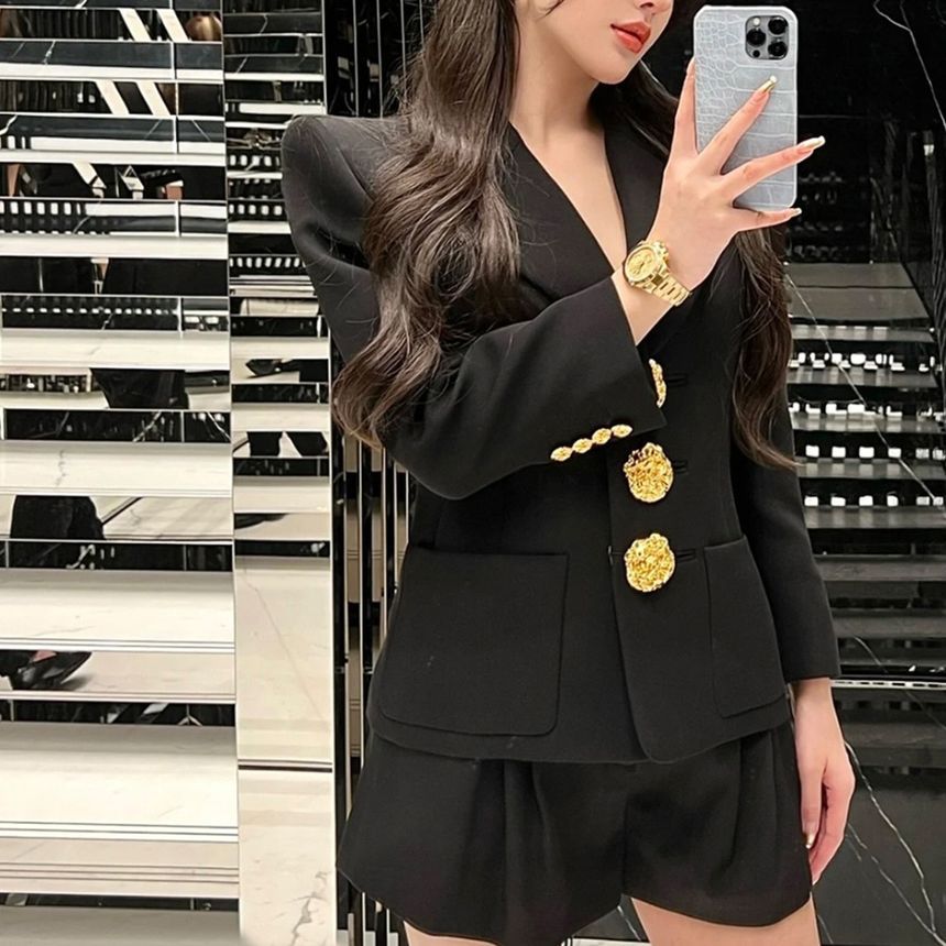 Long-Sleeve Plain Floral Buttoned Blazer