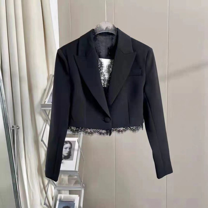 Peak Lapel Plain Lace Trim Cropped Single Breasted Blazer