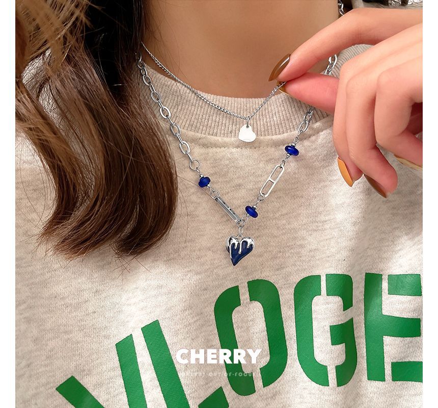 Heart Pendant Stainless Necklace Layered Steel Glaze