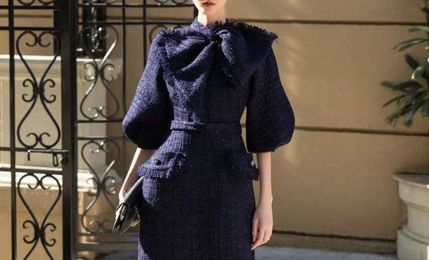 Elbow-Sleeve Bow Tweed Midi Sheath Dress