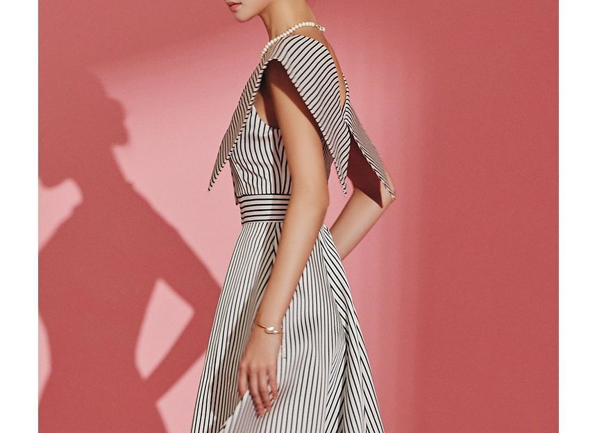 Short-Sleeve V-Neck Striped Maxi A-Line Dress